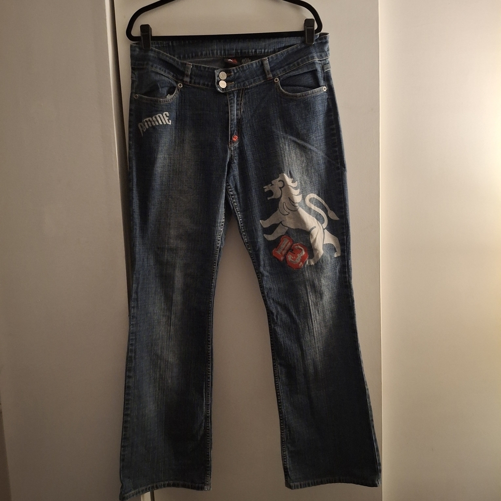 Mecca Femme Women's Dark Blue Flare Wide Leg Jeans With Graphic Detail